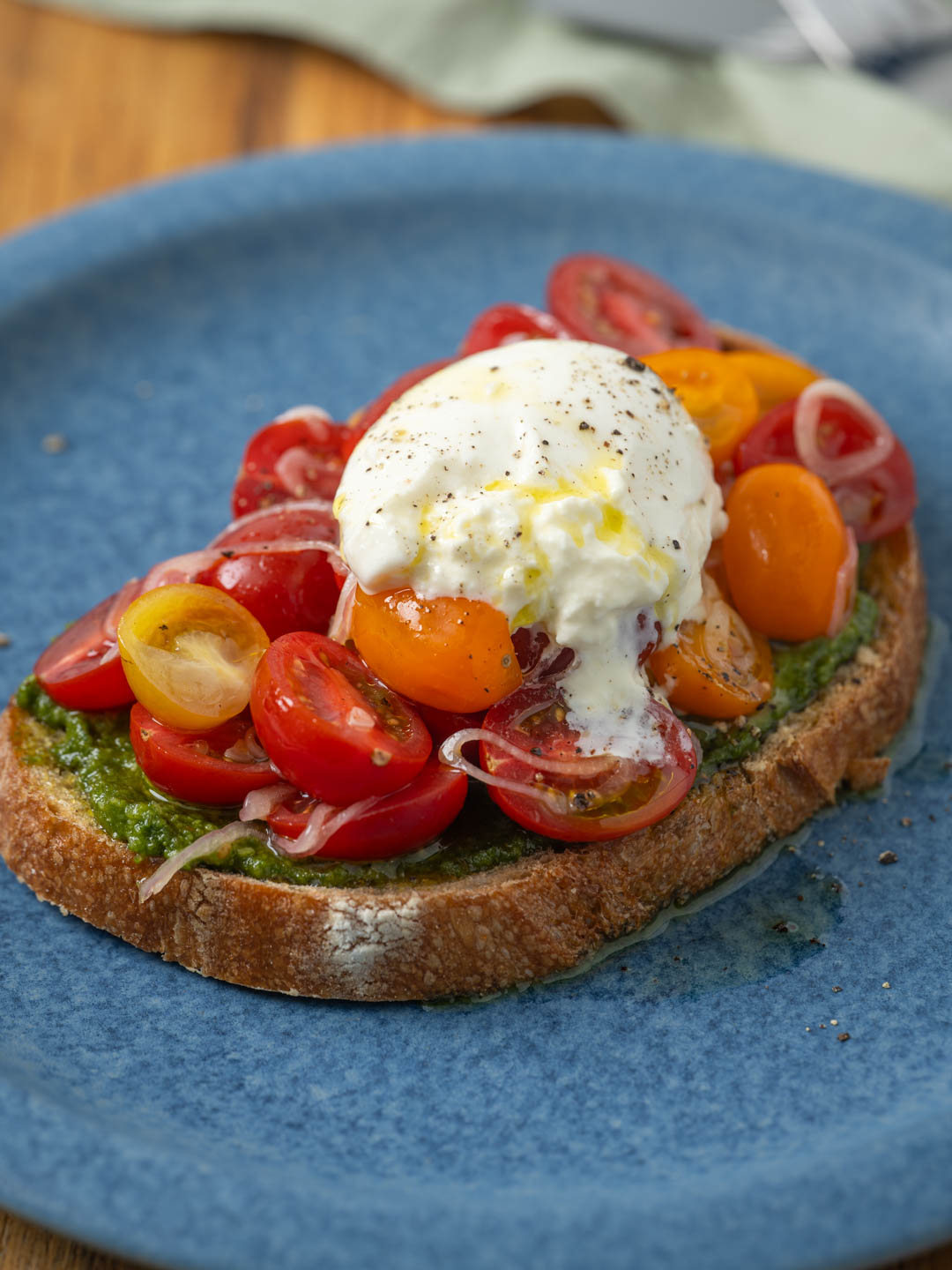 Tomato, Pesto and Burrata on Sourdough  