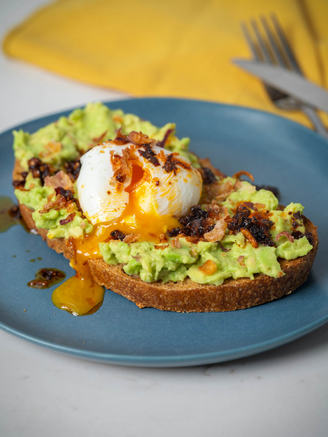 Smashed Avo with Poached Egg and Chilli Crisp 