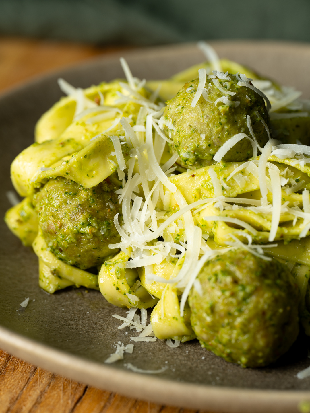 Pesto Chicken Meatballs with Fettucine
