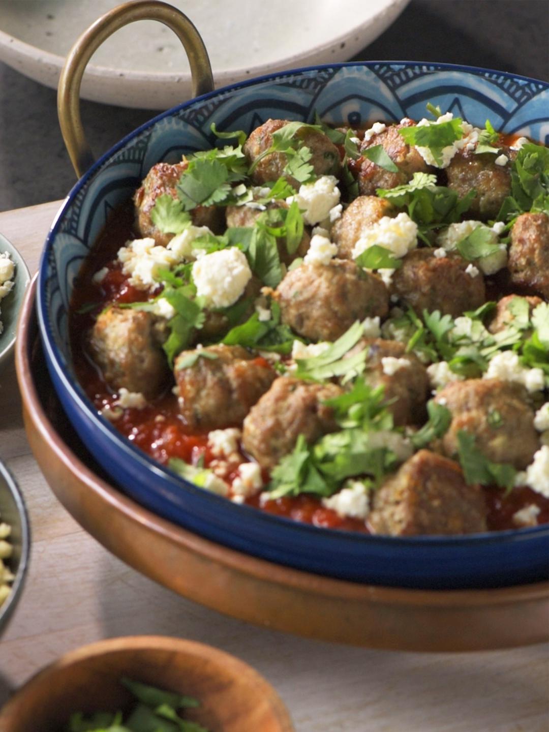 Air-Fried Spiced Lamb Meatballs with Tomato and Feta