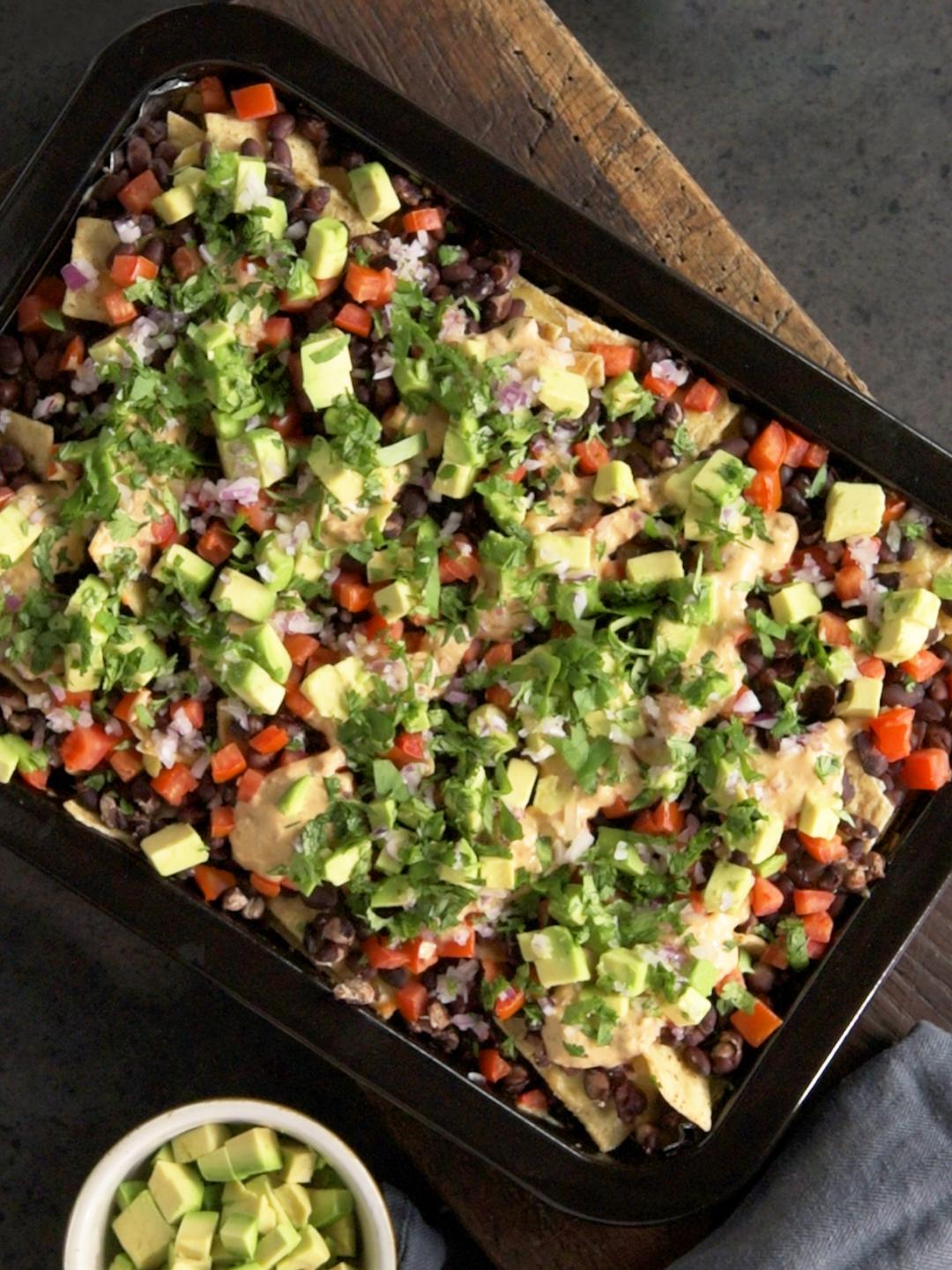 Sheet Pan Black Bean Nachos with Chipotle Cream