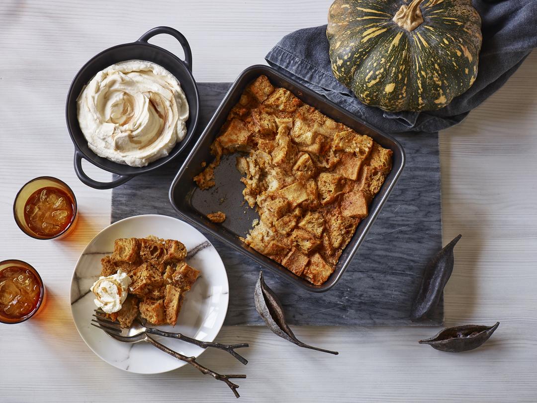 Pumpkin Bread Pudding with Bourbon Whipped Cream