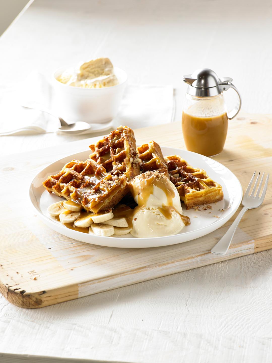 Banana Pecan and Caramel Waffles