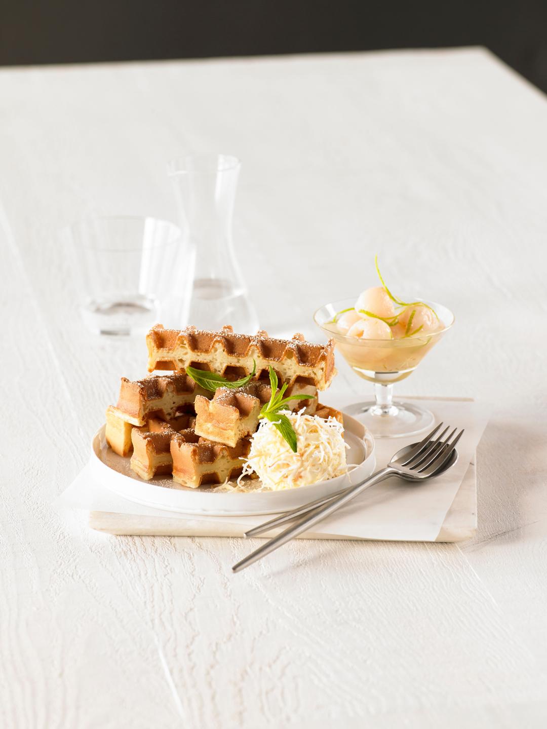 Coconut Waffles with Lime and Lychee Syrup