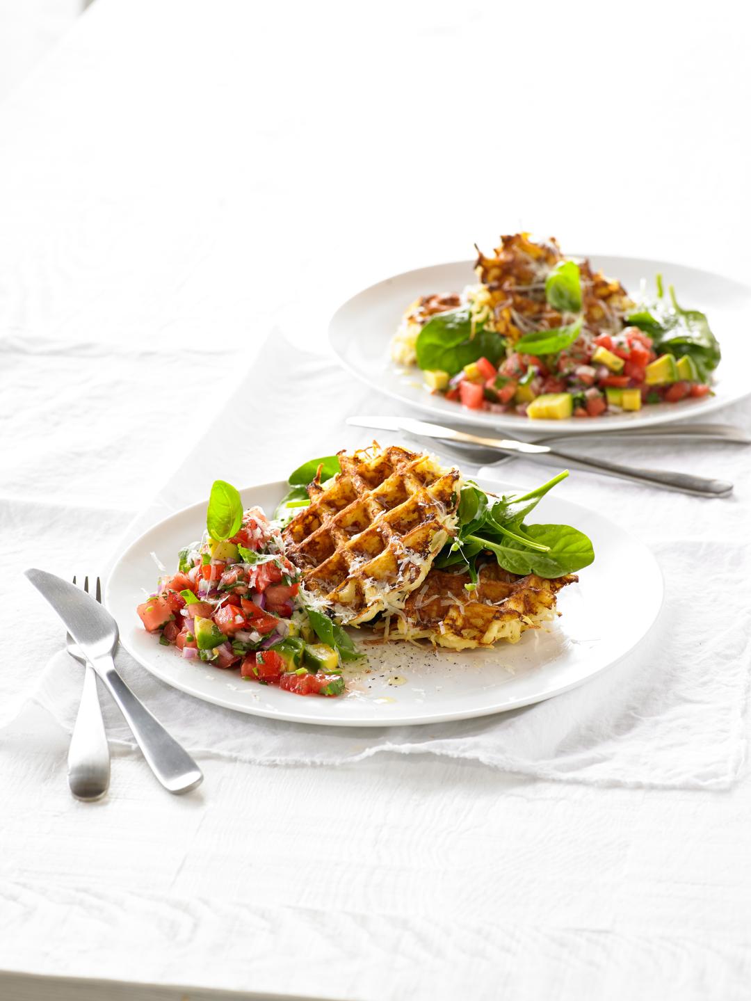 Hash Brown Waffles with Tomato Salsa