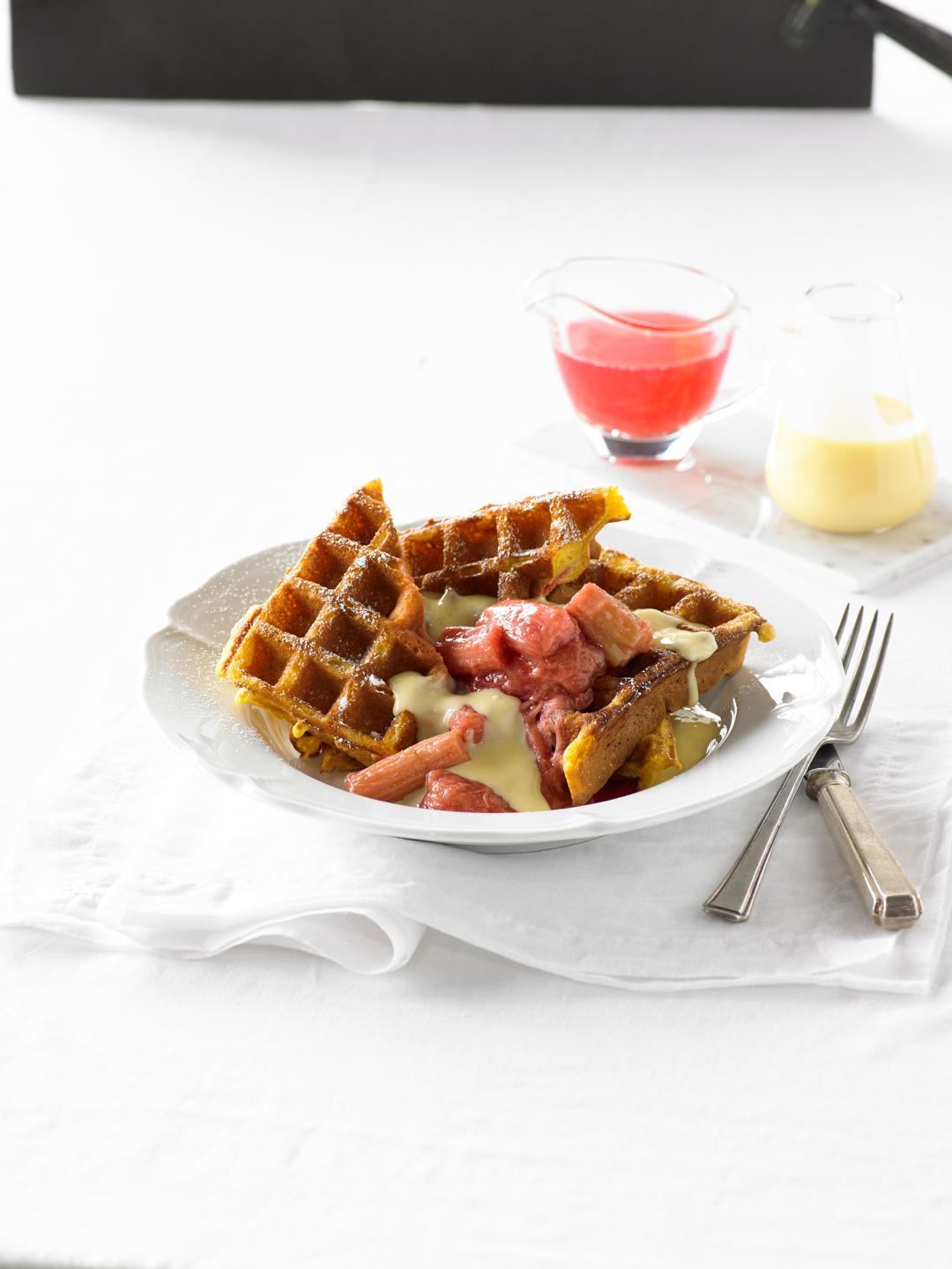 Poached Rhubarb and Vanilla Custard Waffles