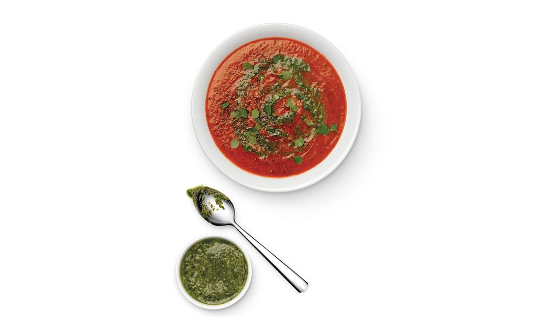 Roasted Tomato and Pepper Soup with Salsa Verde