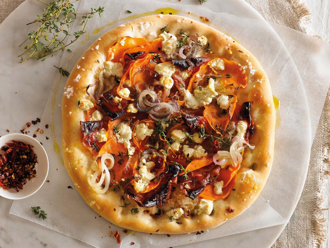 Sweet Potato, Onion and Goat Cheese Pizza