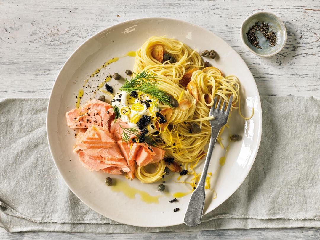 Sous Vide Salmon with Pasta and Lemon Creme Fraiche