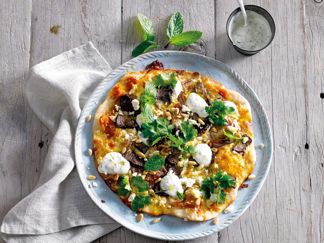 Moroccan Lamb Pizza with Yogurt Dressing