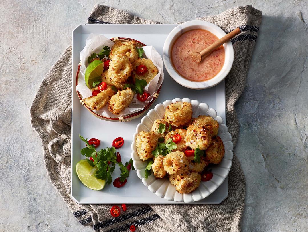Air-Fried Spicy Calamari with Coconut-Chili Dipping Sauce