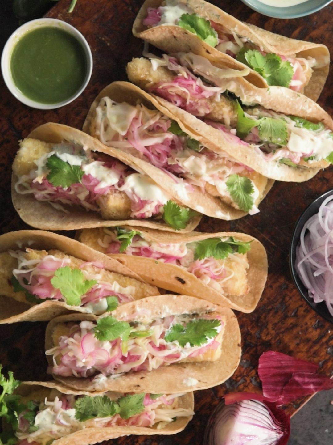 Air-Fried Fish Tacos with Pickled Slaw and Cilantro Lime Sauce