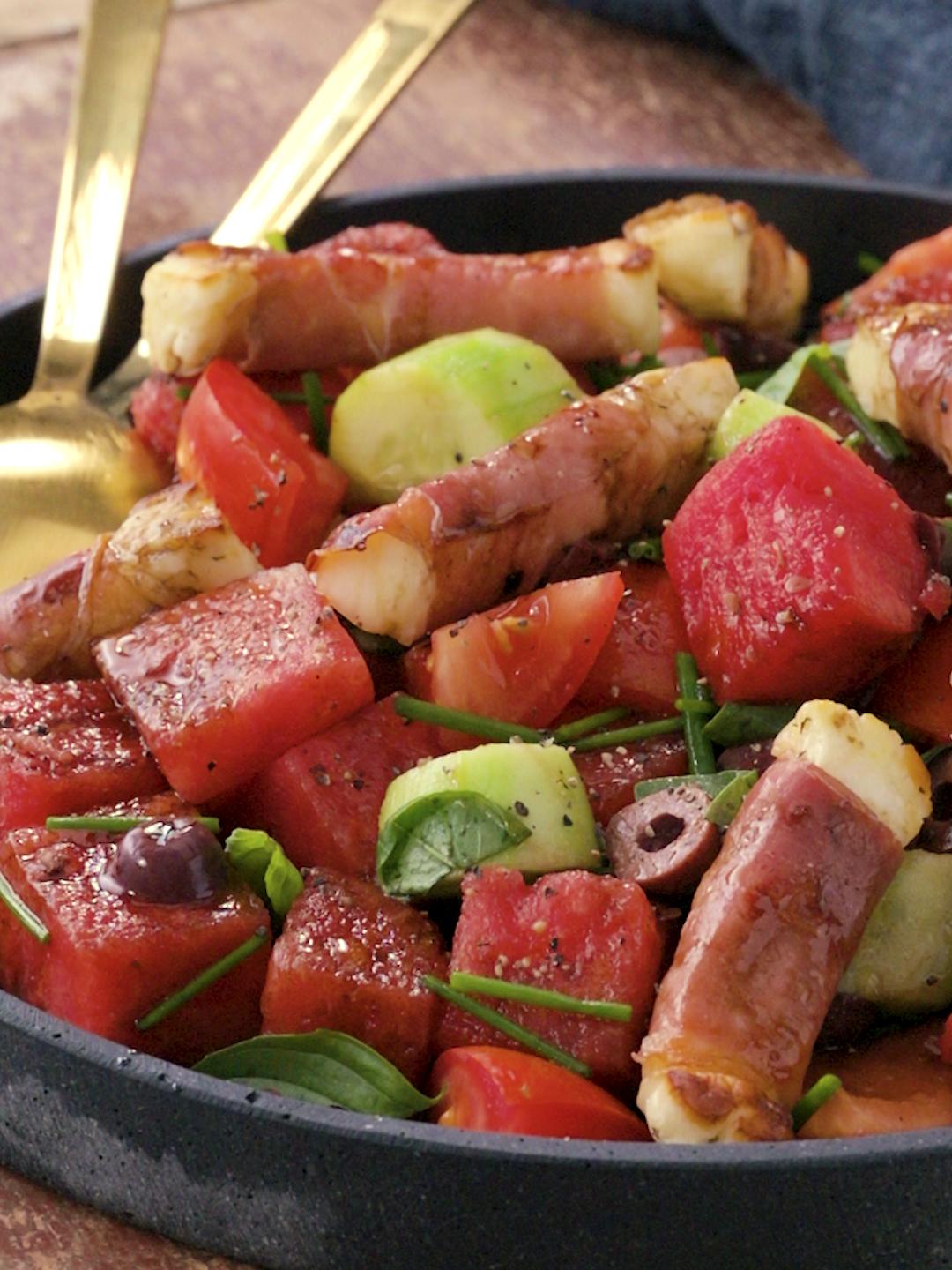 Prosciutto Wrapped Halloumi and Watermelon Salad