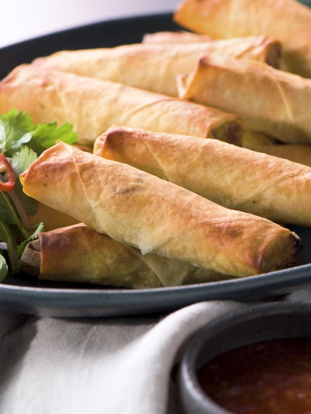 Air-Fried Pork and Cabbage Spring Rolls with Sweet Chili Sauce