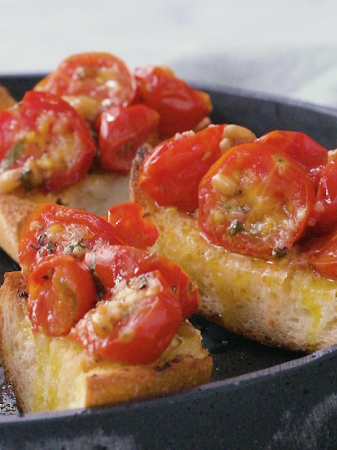 Roasted Tomato, Garlic and Pine Nut Bruschetta