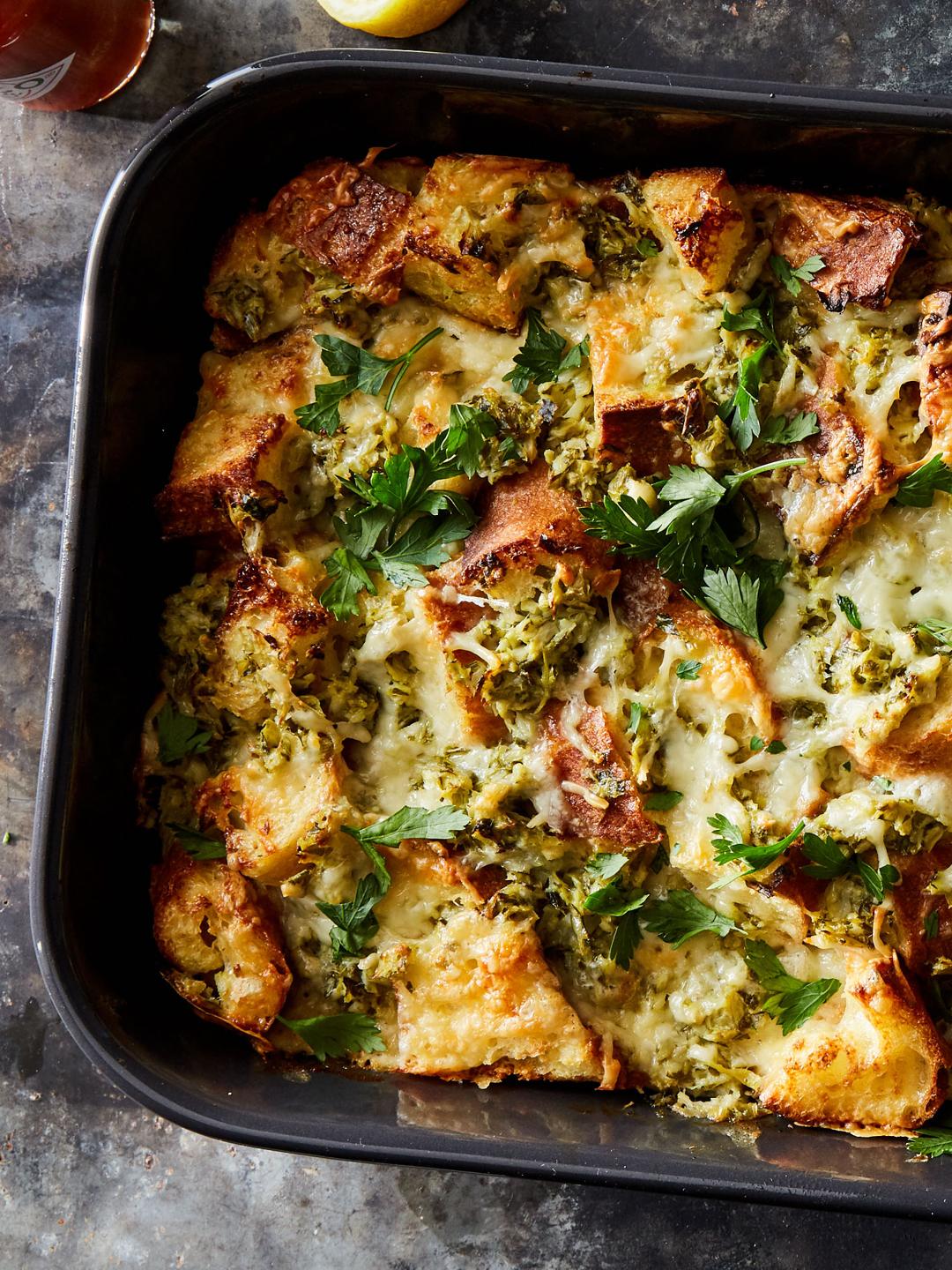 Savory Bread Pudding with Artichokes, Cheddar and Scallions