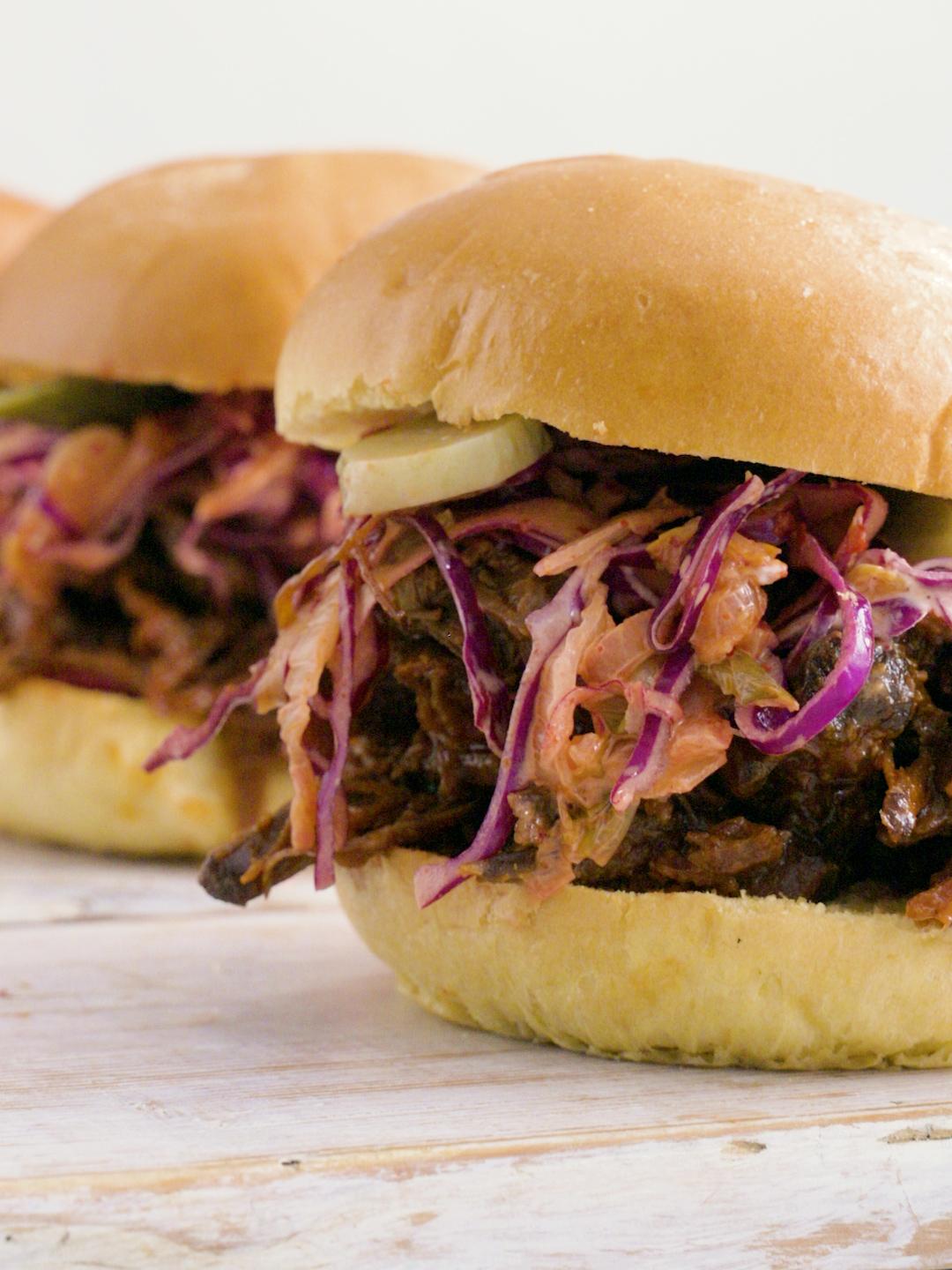Brisket Sandwich with Chipotle Barbecue Sauce and Kimchi Slaw