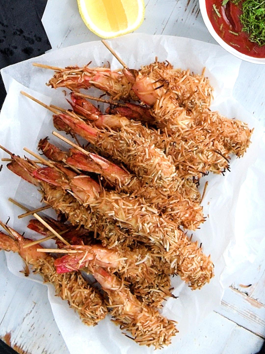 Air-Fried Coconut Shrimp Skewers with Pakora Ketchup