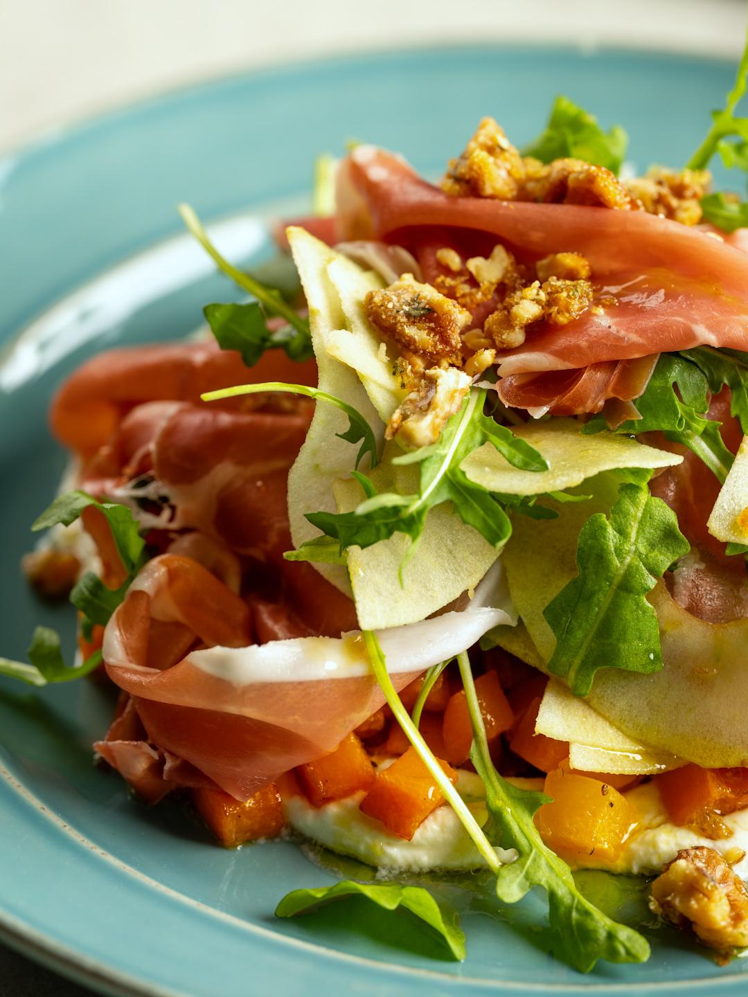 Roasted Butternut Squash, Prosciutto and Whipped Goat Cheese Salad