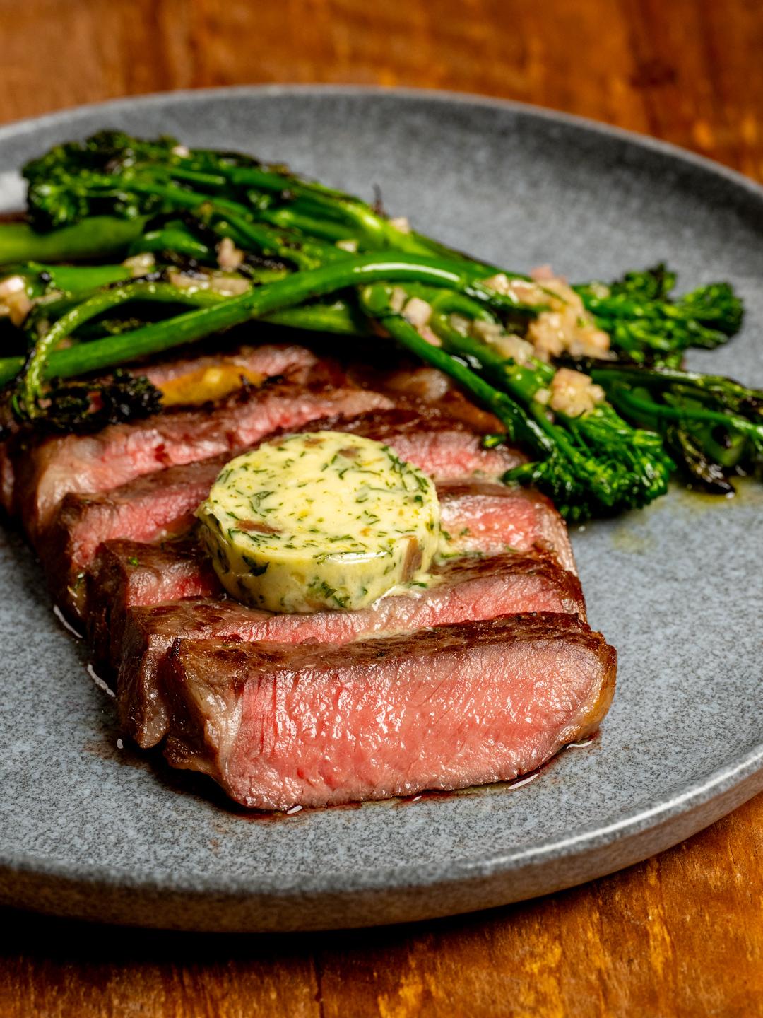 Turbo Ribeye with Anchovy Butter and Broccolini