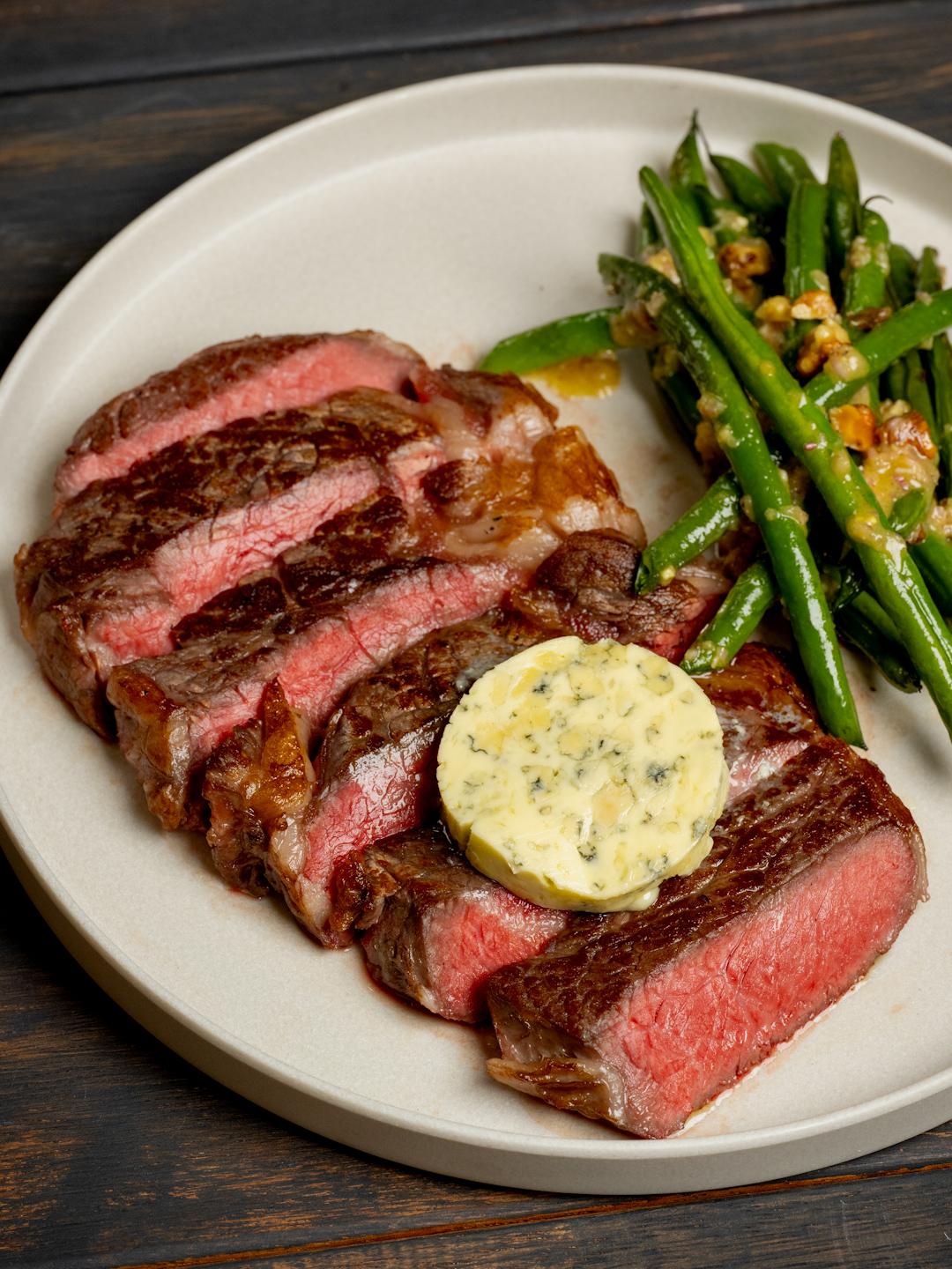 Turbo Ribeye with Blue Cheese Butter, Green Beans and Walnut Dressing