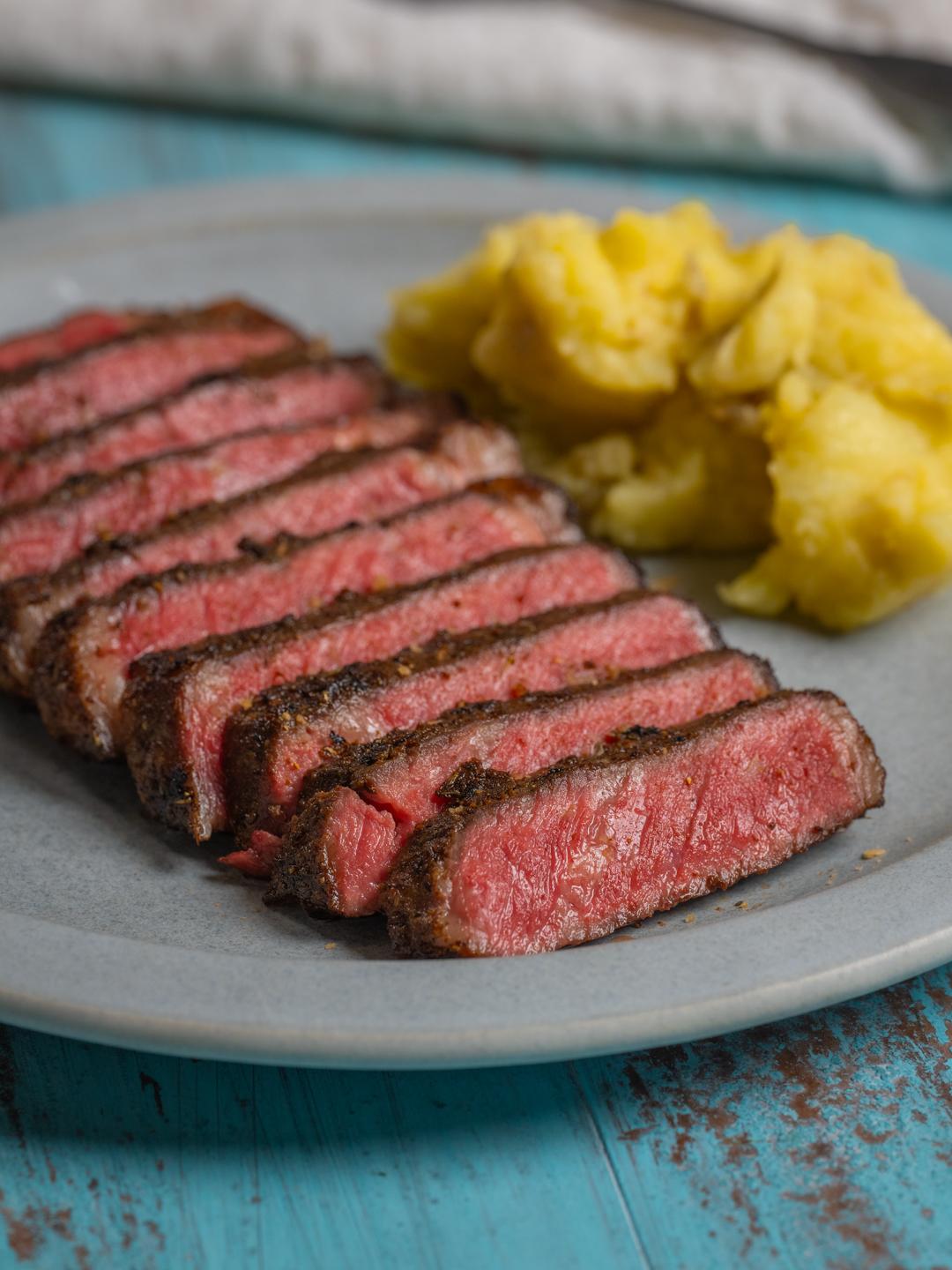 Turbo NY Strip with Mushroom Rub and Roasted Garlic Mashed Potatoes  