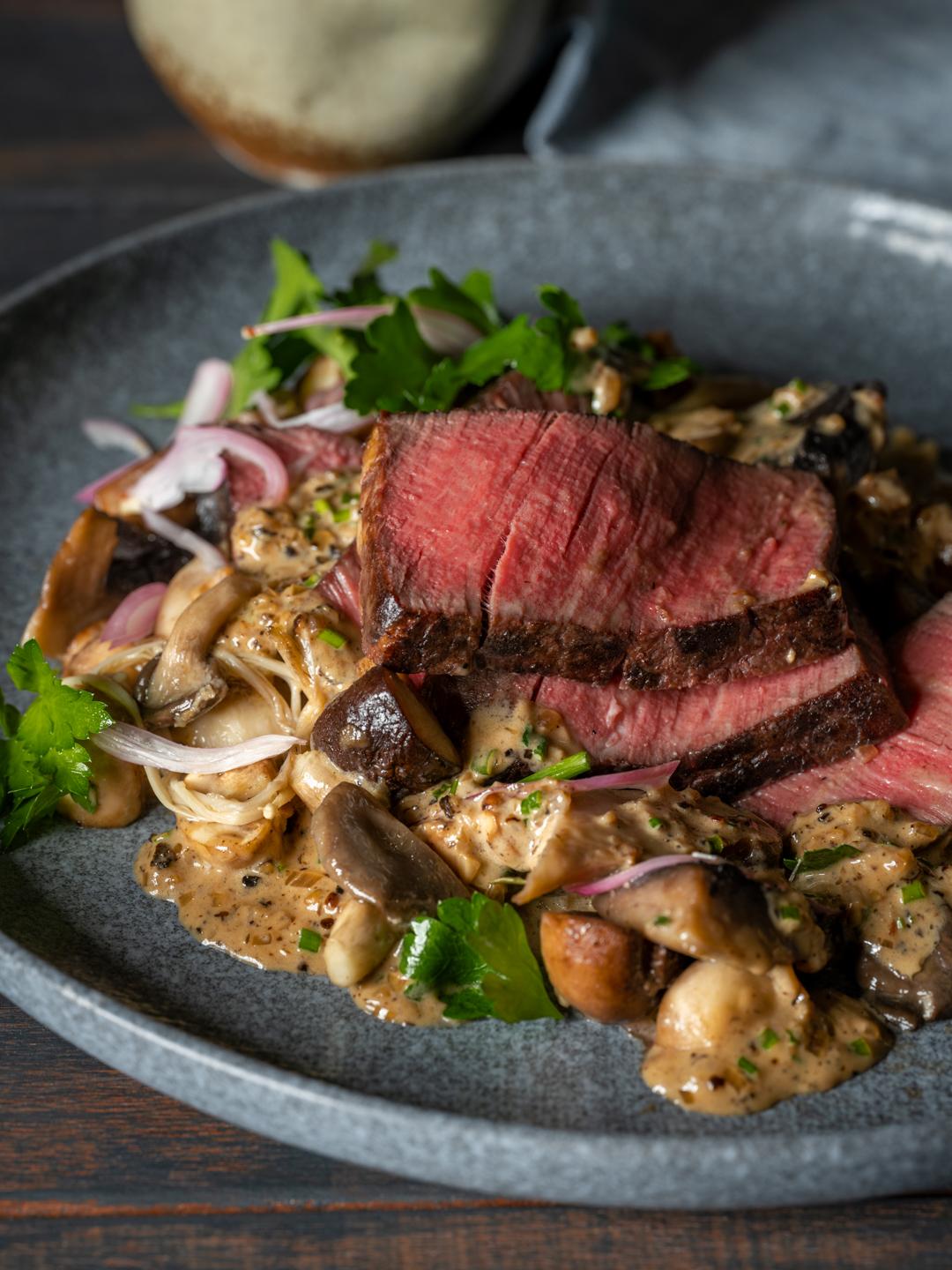 Turbo Filet Mignon with Peppercorn Sauce and Air-Fried Garlic Mushrooms 