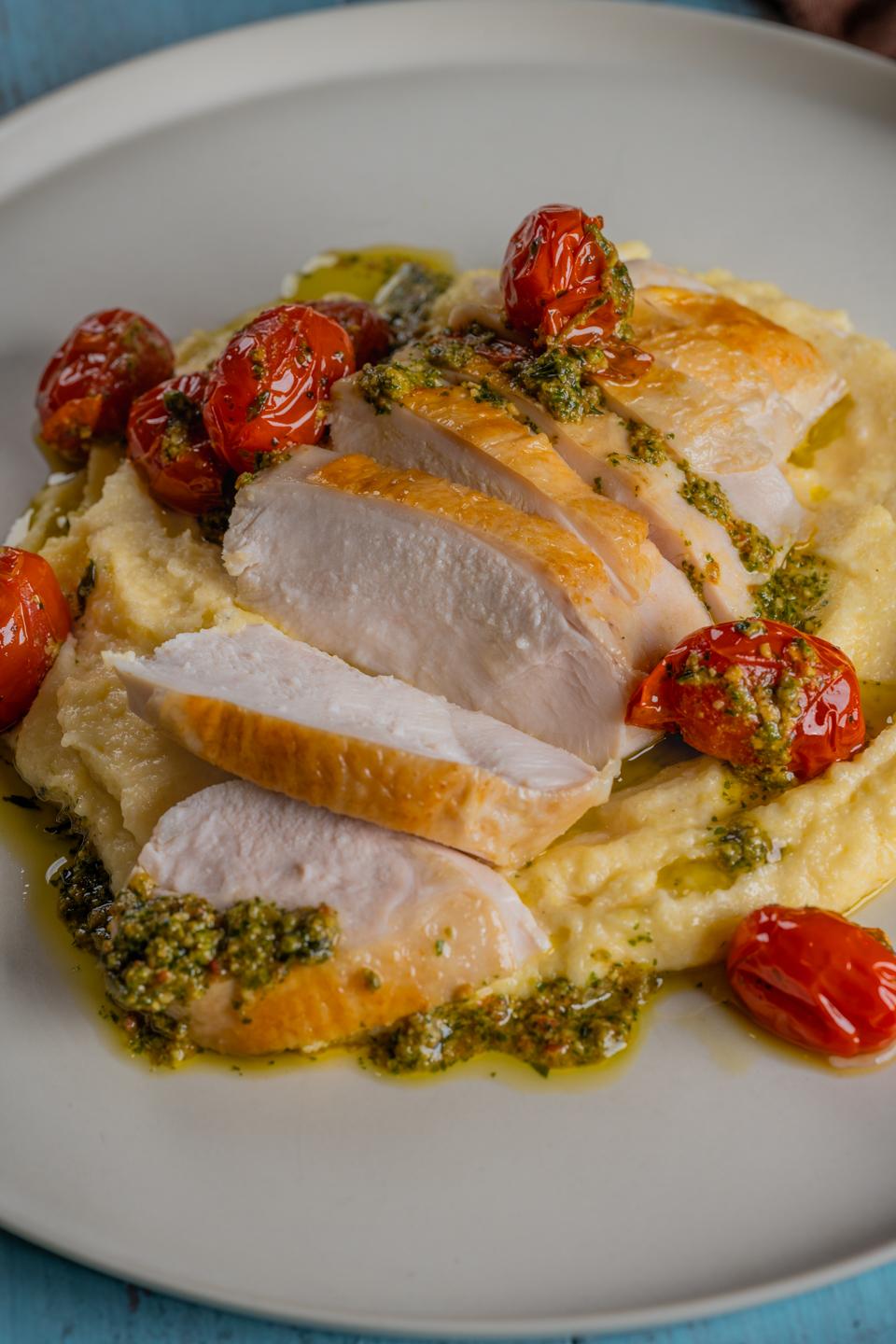 Chicken Breast with Creamy Polenta and Basil Pesto  