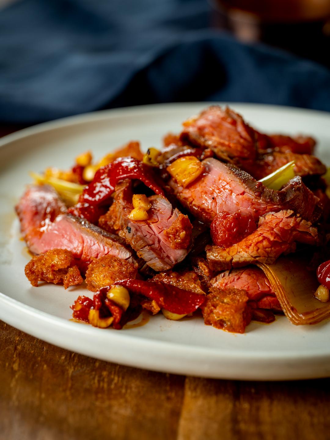 Turbo Flank Steak with Chunky Romesco and Roasted Leek