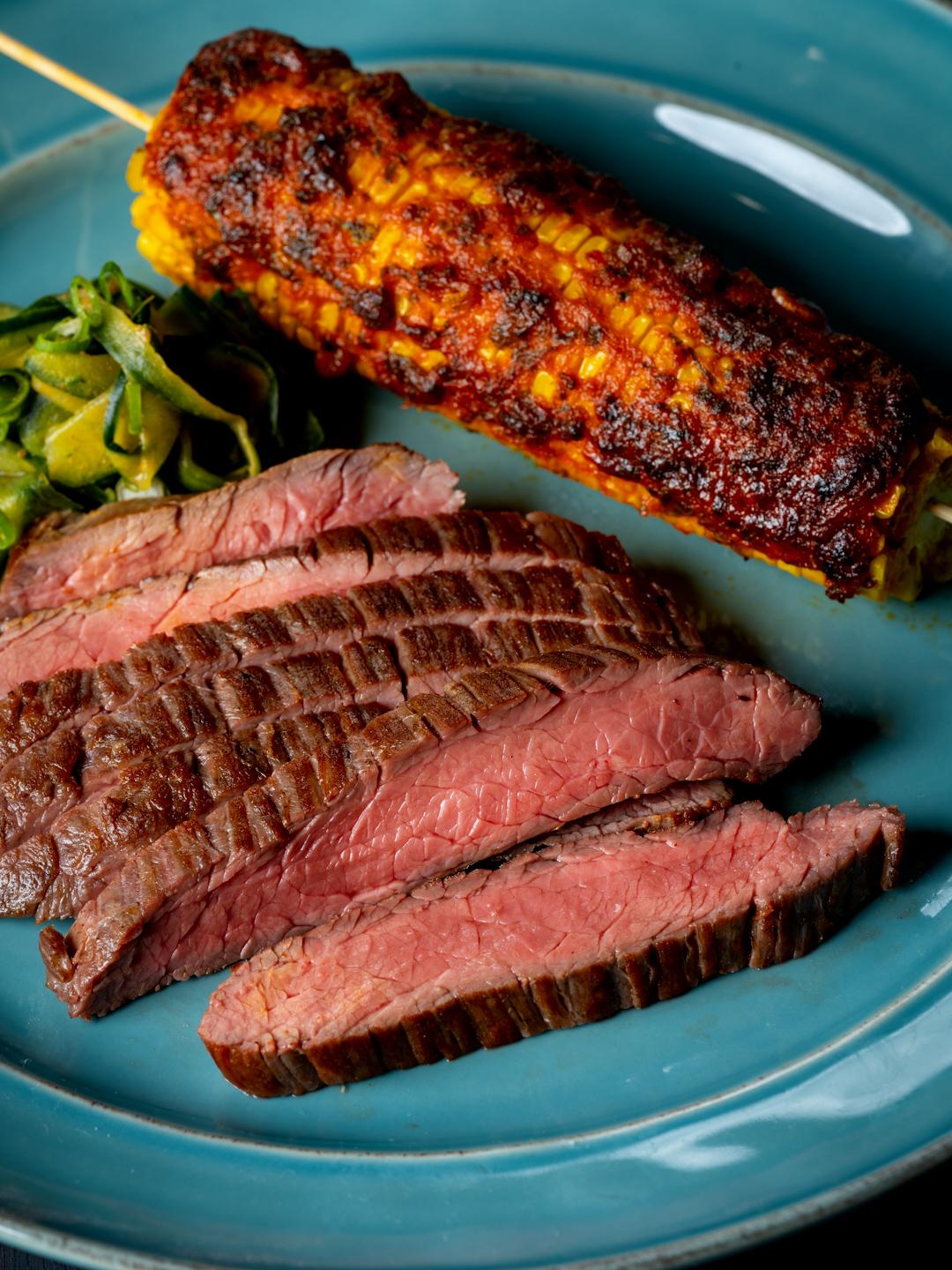 Turbo Flank Steak with Korean Chili Corn on the Cob and Cucumber