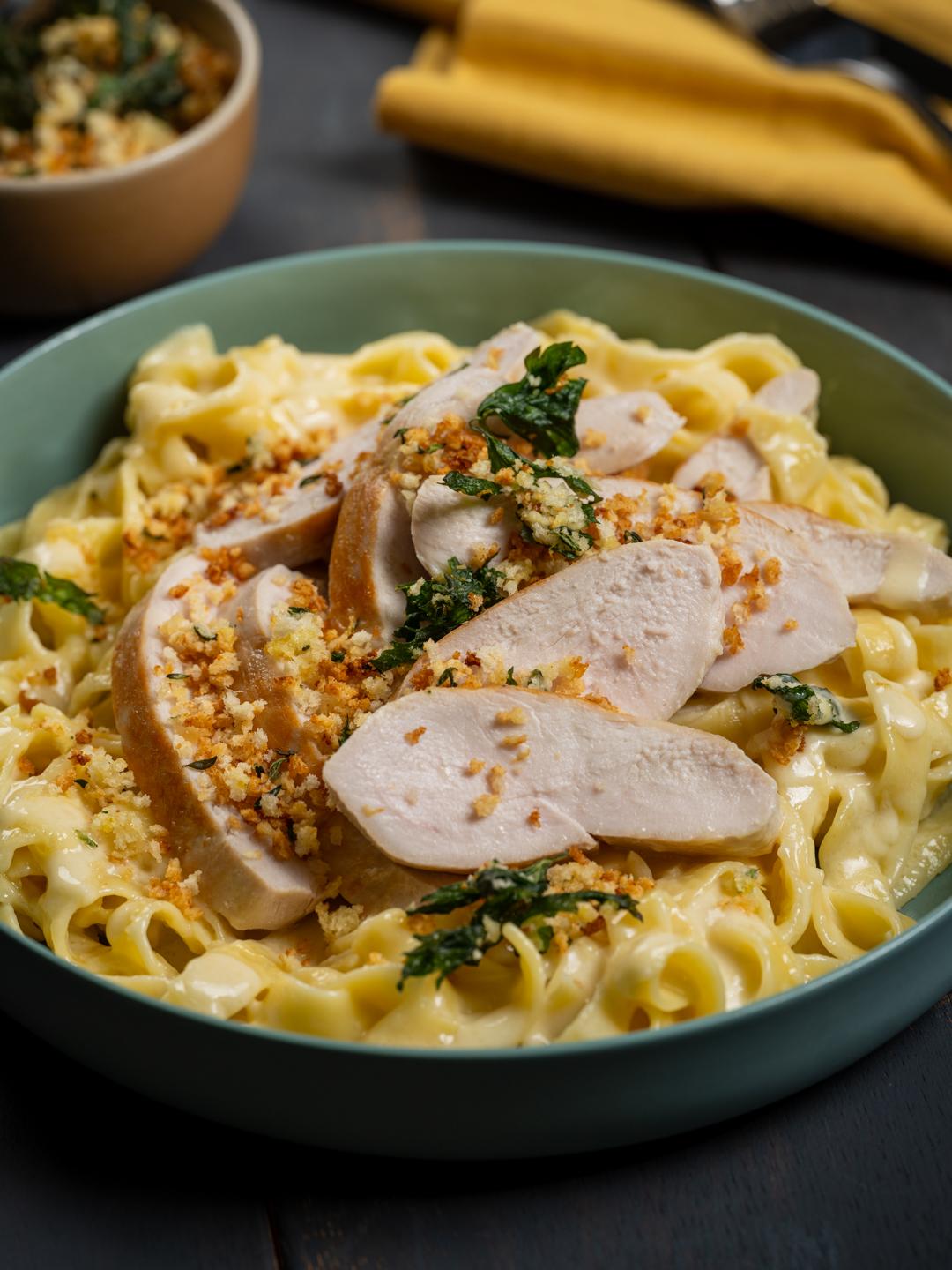 Turbo Chicken Breast with Tagliatelle Alfredo and Garlic Pangrattato 