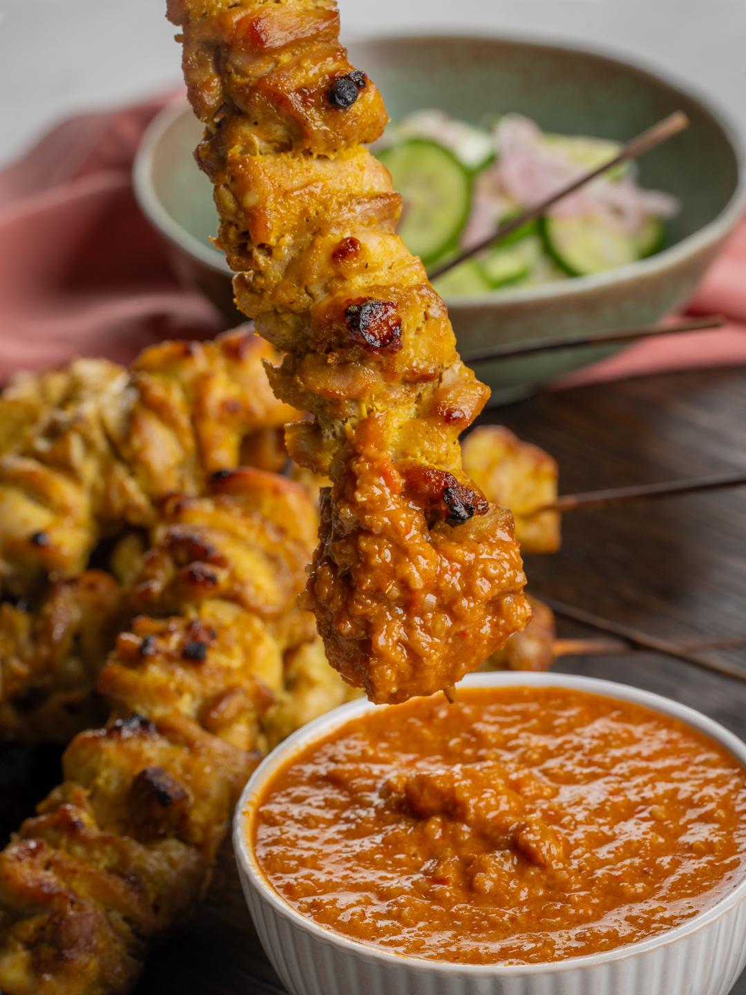 Air-Fried Chicken Skewers with Satay Sauce and Cucumber Pickle