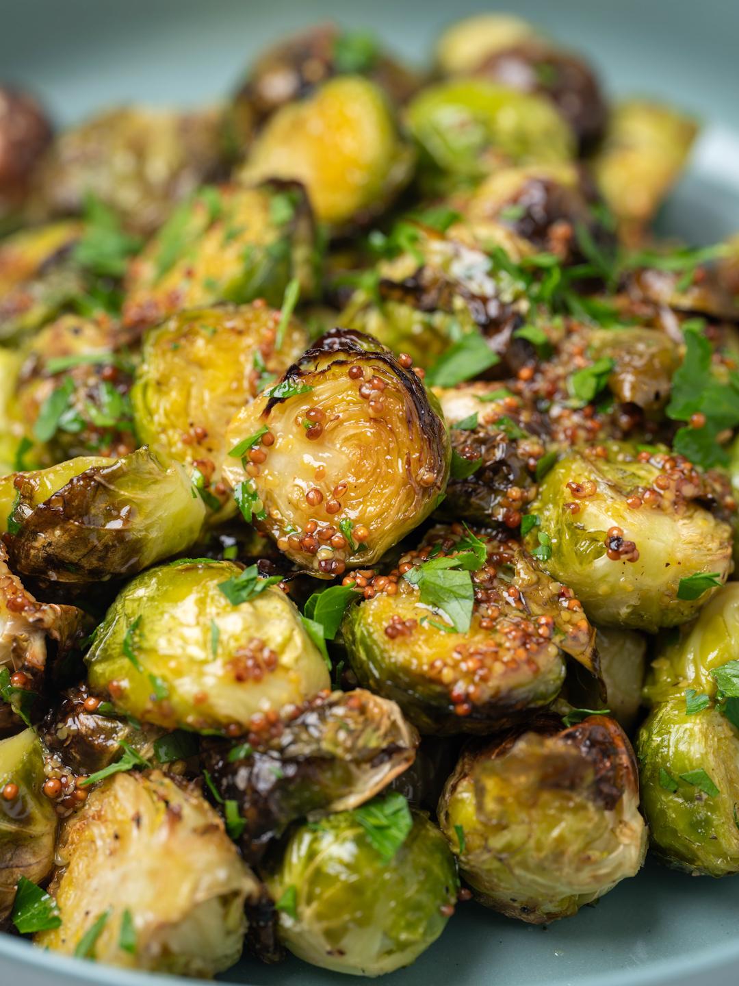 Air-Fried Brussels Sprouts with Honey Mustard Vinaigrette