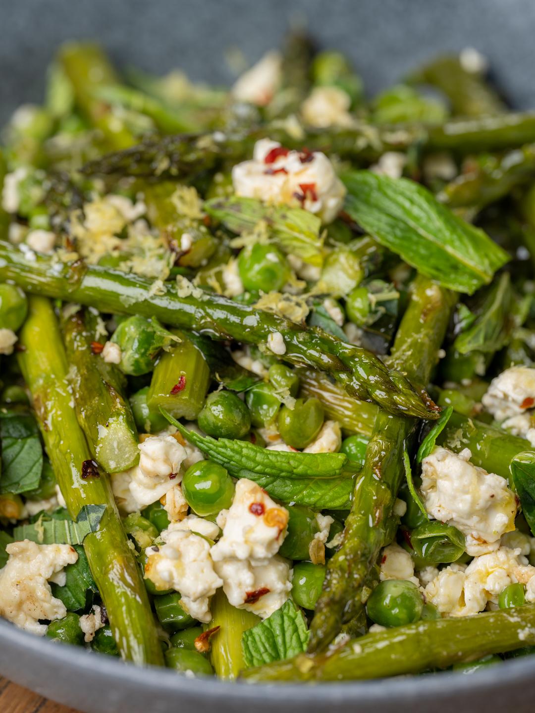 Air-Fried Asparagus and Peas with Feta and Mint 