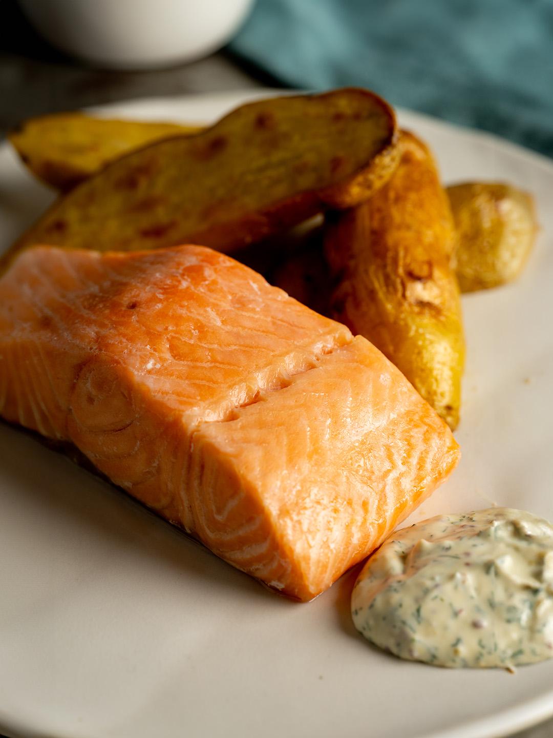 Turbo Farmed Atlantic Salmon with Fingerling Potatoes and Horseradish Cream