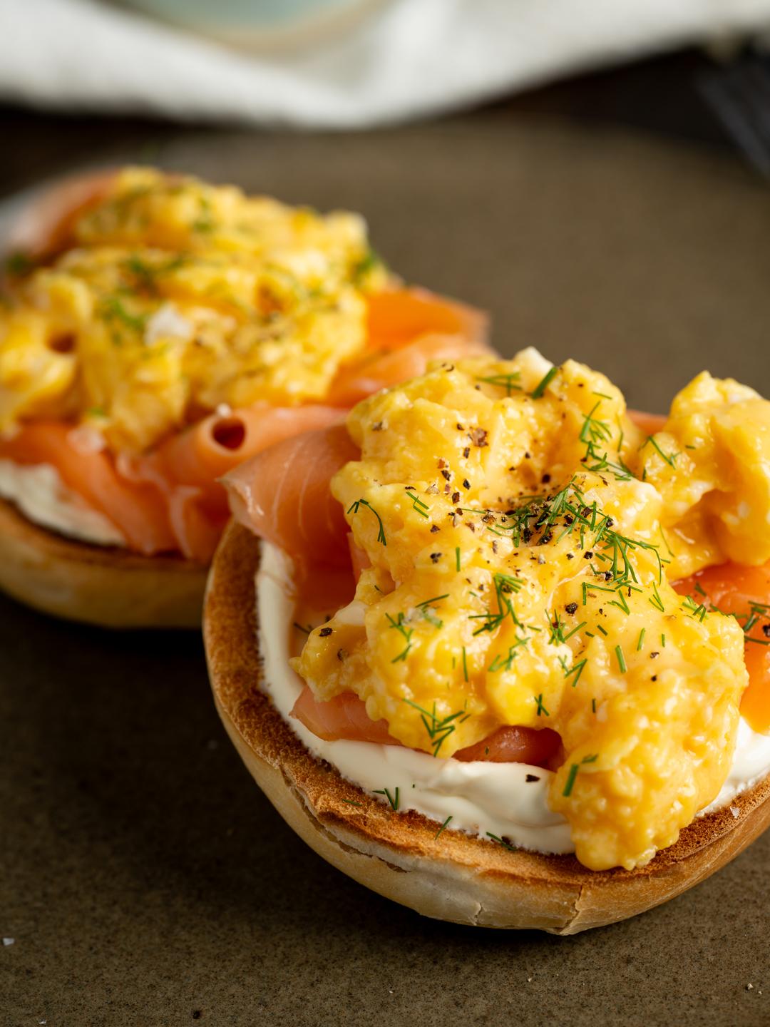 Scrambled Eggs and Smoked Salmon Bagels