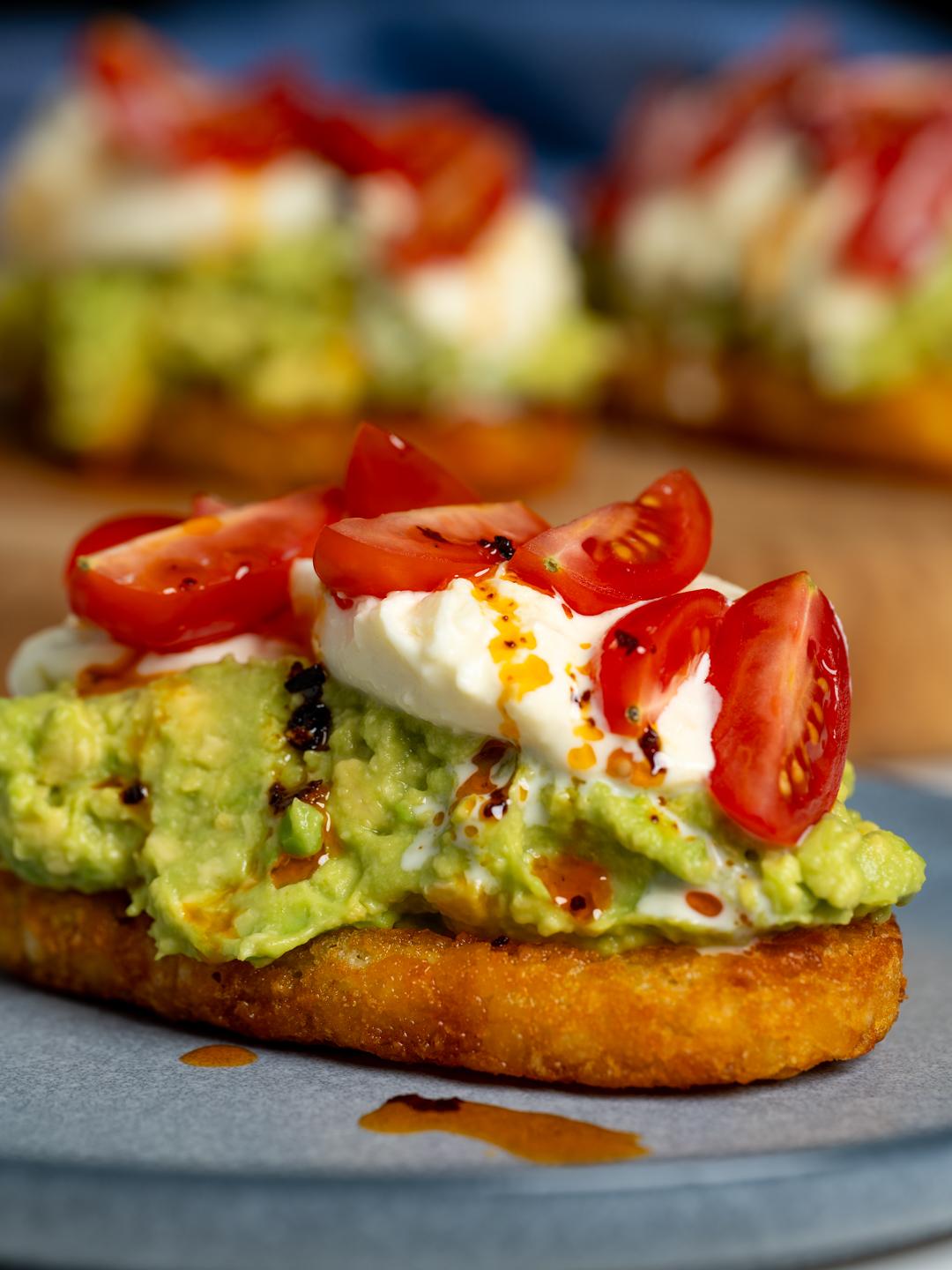 Air-Fried Burrata and Avo Loaded Hash Browns 