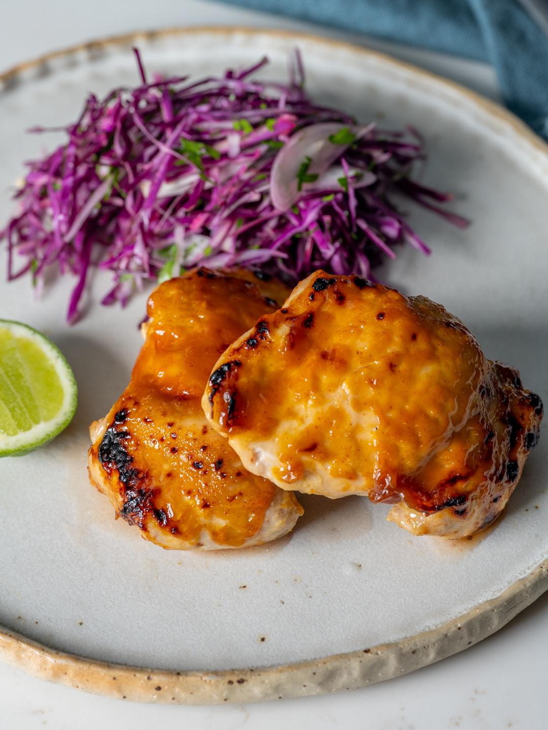 Chicken Thighs with Honey Mustard Glaze and Coleslaw 