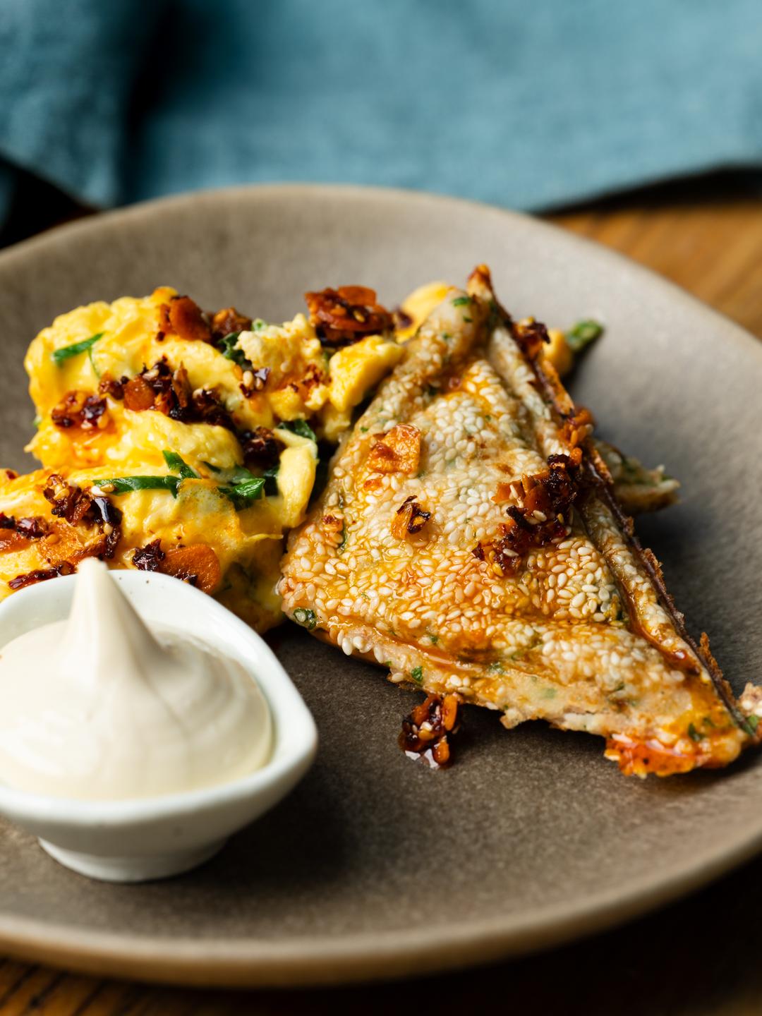 Chilli Scrambled Eggs with Prawn Toast