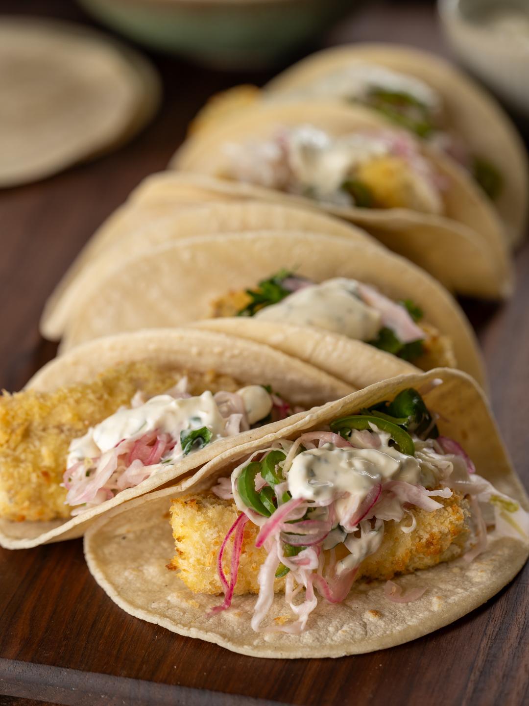 Air-Fried Fish Tacos with Pickled Slaw and Cilantro Lime Sauce