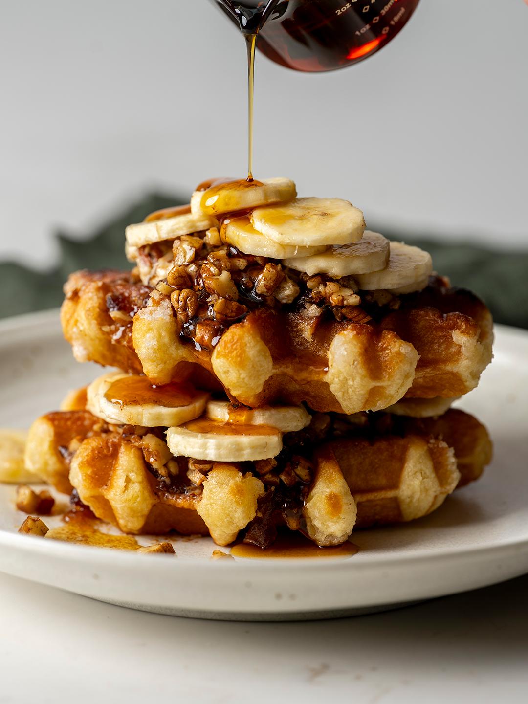 Toasted Waffles with Banana, Maple and Date Pecan Butter 
