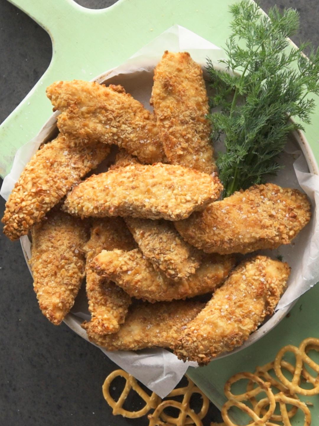 Air-Fried Pretzel Chicken Tenders with Ranch Dressing