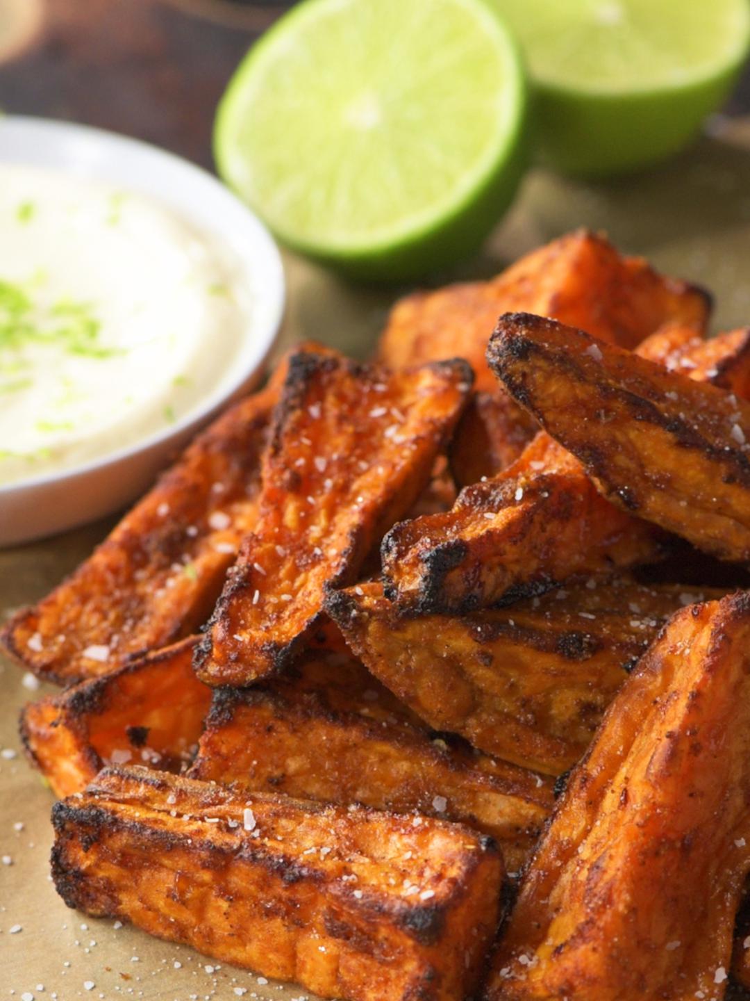 Air-Fried Spicy Sweet Potato Wedges with Lime Aioli